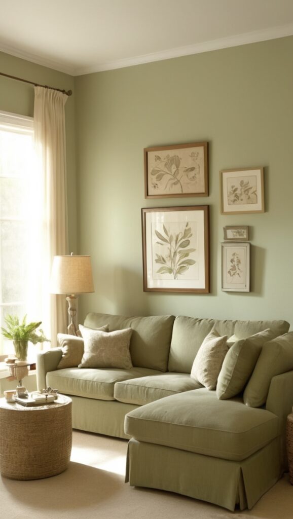 sage green living room decor, beige wall paint, interior design ideas, neutral color palette, home decorating tips