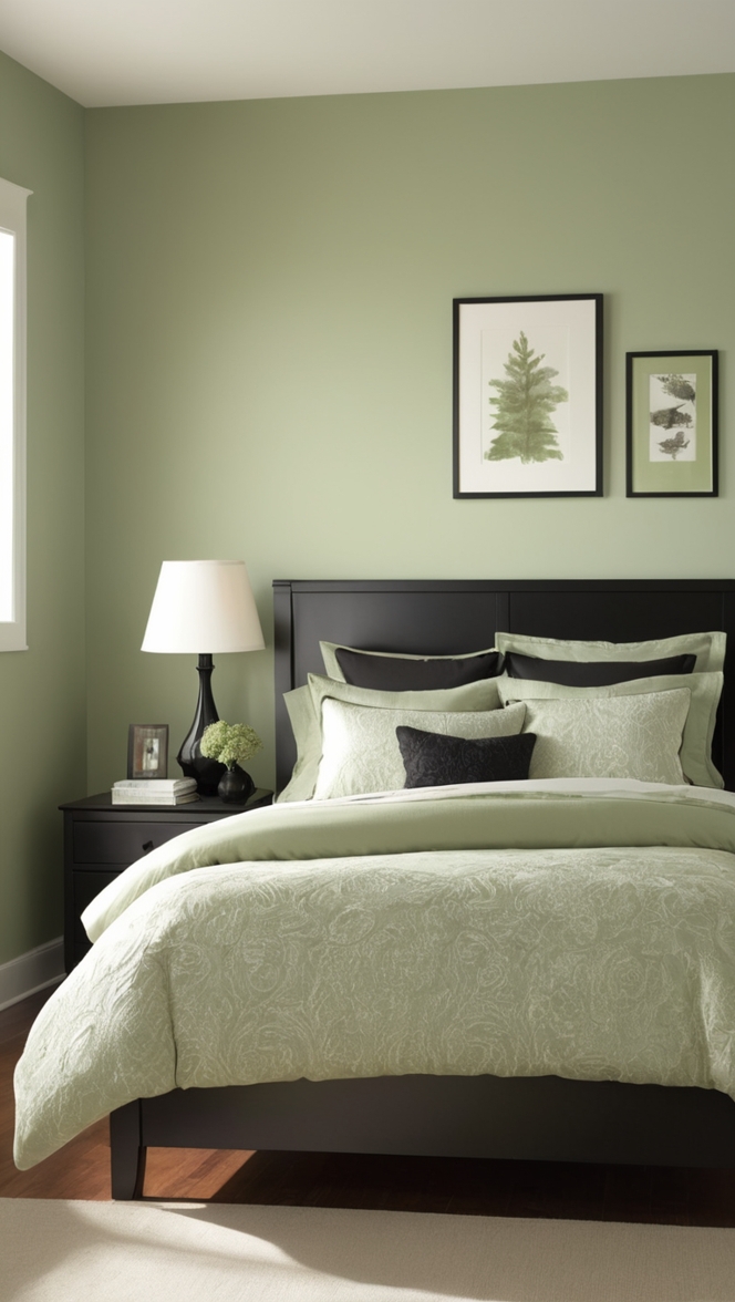 sage green paint, black bedroom furniture, sage green decor, black and green bedroom, sage green bedding