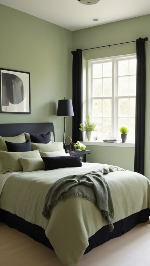 sage green paint, black bedroom furniture, sage green decor, black and green bedroom, sage green bedding