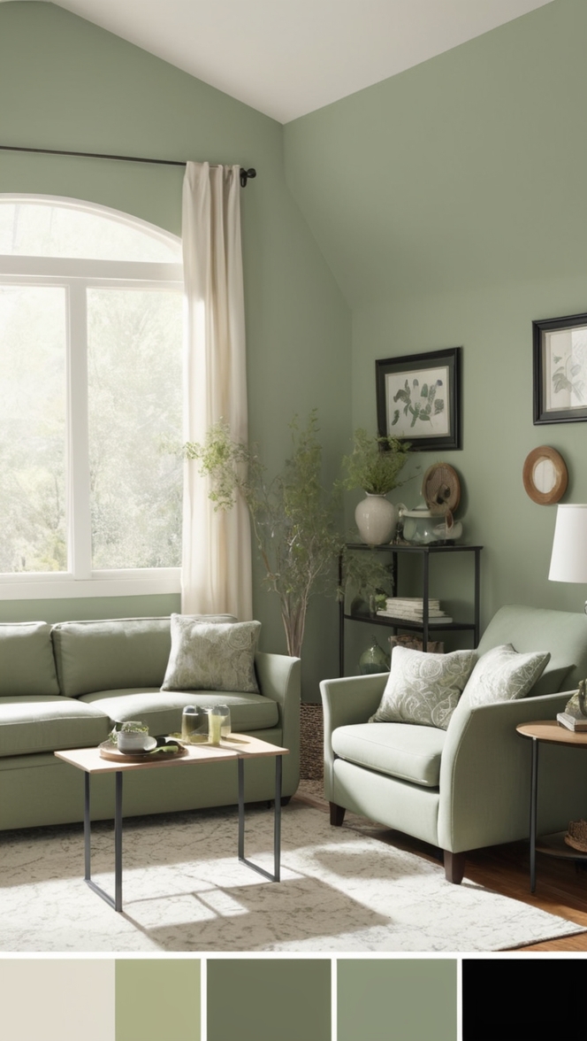 sage green furniture, black living room decor, contemporary sage green, black and green color scheme, sage green wall art