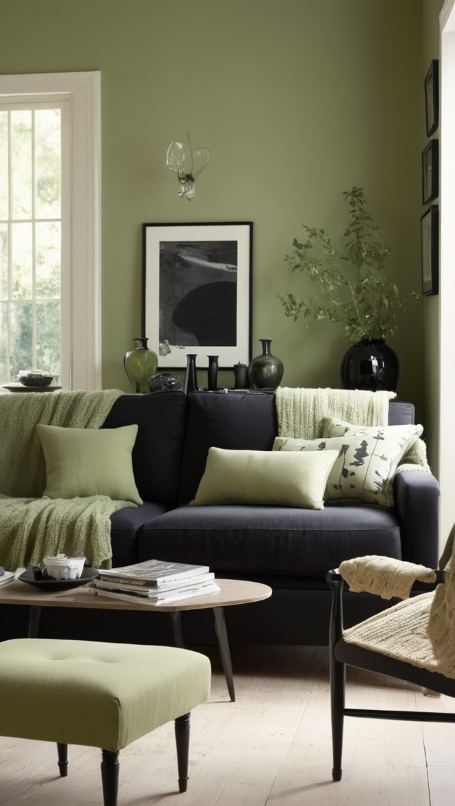 sage green furniture, black living room decor, contemporary sage green, black and green color scheme, sage green wall art 