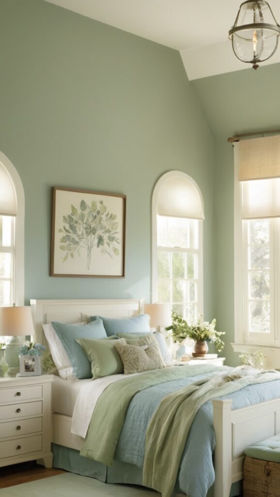 sage green bedroom decor, blue and green bedroom, calming green bedroom, green color bedroom, sage green walls