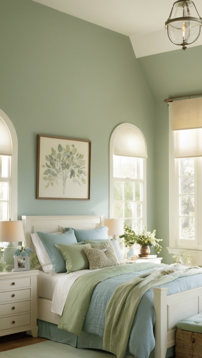 sage green bedroom decor, blue and green bedroom, calming green bedroom, green color bedroom, sage green walls 