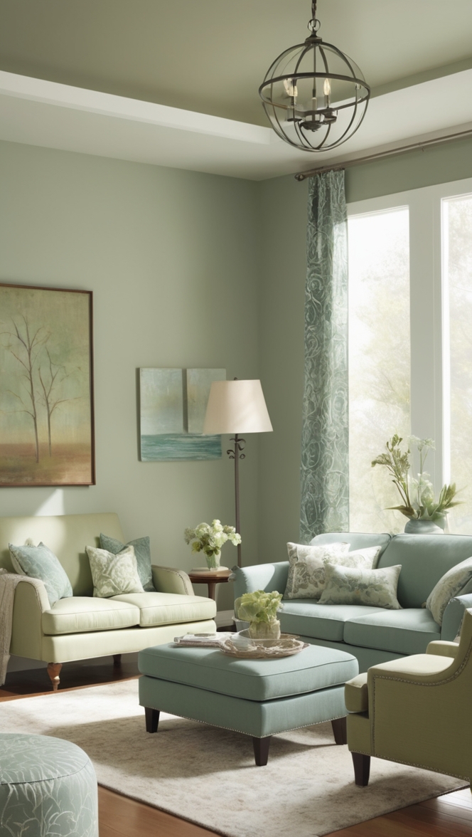 sage green sofa, blue accent wall, living room decor, sage green curtains, blue throw pillows