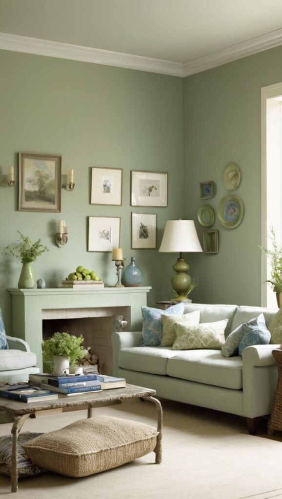 sage green sofa, blue accent wall, living room decor, sage green curtains, blue throw pillows