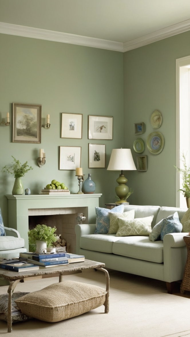 sage green sofa, blue accent wall, living room decor, sage green curtains, blue throw pillows 