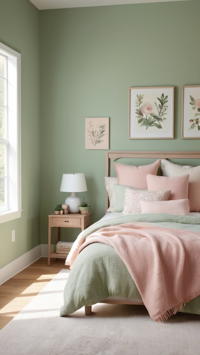 sage green bedroom decor, blush pink bedding, elegant bedroom design, cozy bedroom ideas, modern bedroom furnishings
