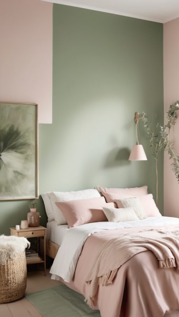 sage green bedroom decor, blush pink bedding, elegant bedroom design, cozy bedroom ideas, modern bedroom furnishings