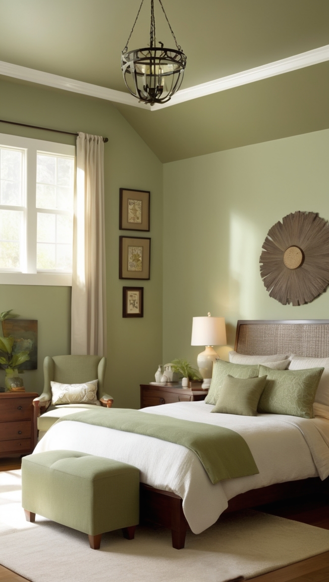 sage green comforter, brown bedroom furniture, sage green curtains, brown bedding, sage green walls