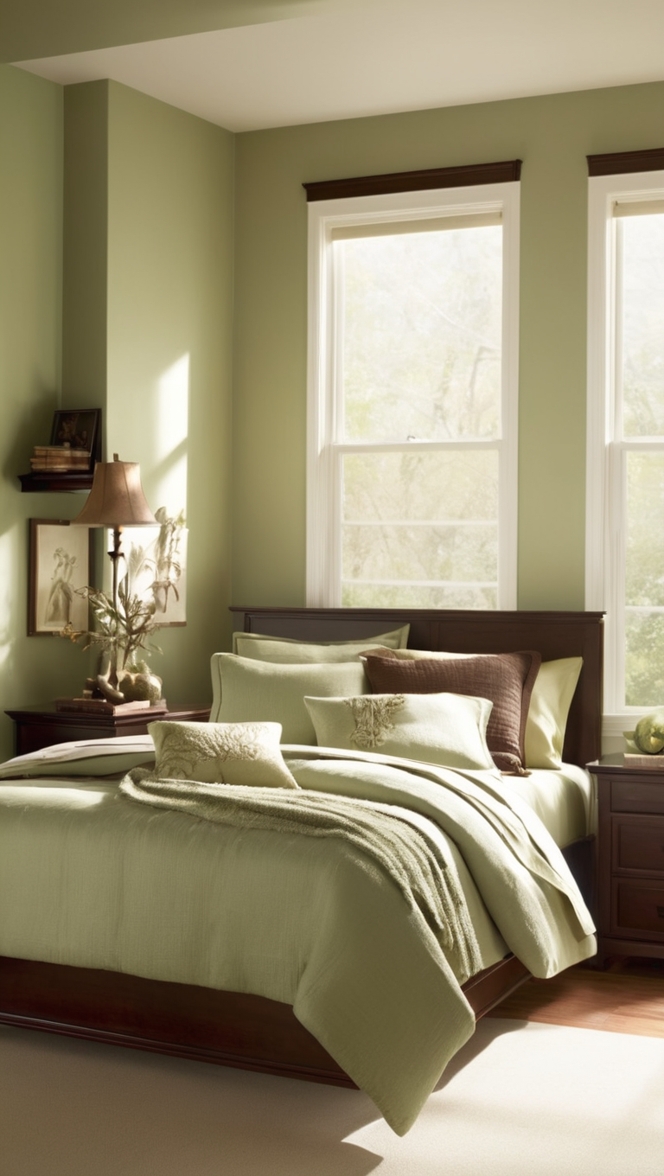 sage green comforter, brown bedroom furniture, sage green curtains, brown bedding, sage green walls 