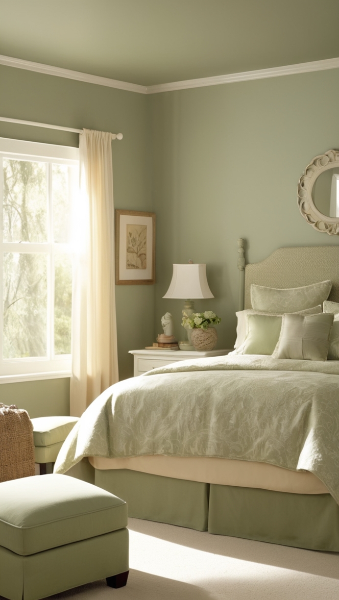 sage green paint, sage green curtains, cream bedding, sage green decor, cream furniture