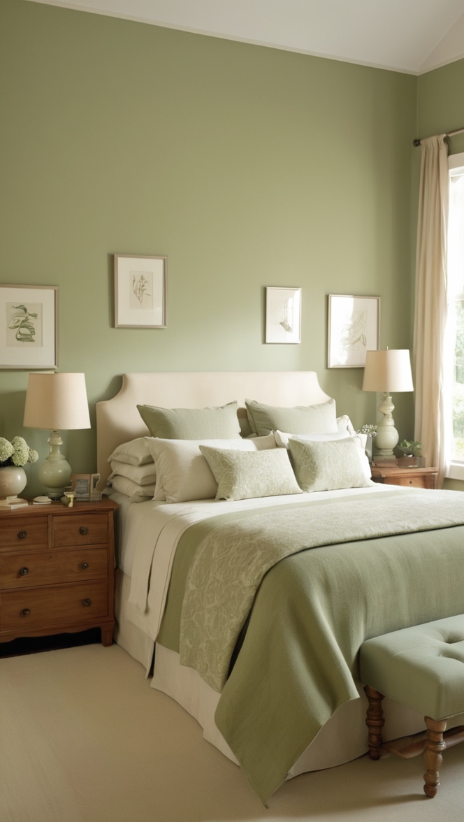 sage green paint, sage green curtains, cream bedding, sage green decor, cream furniture 