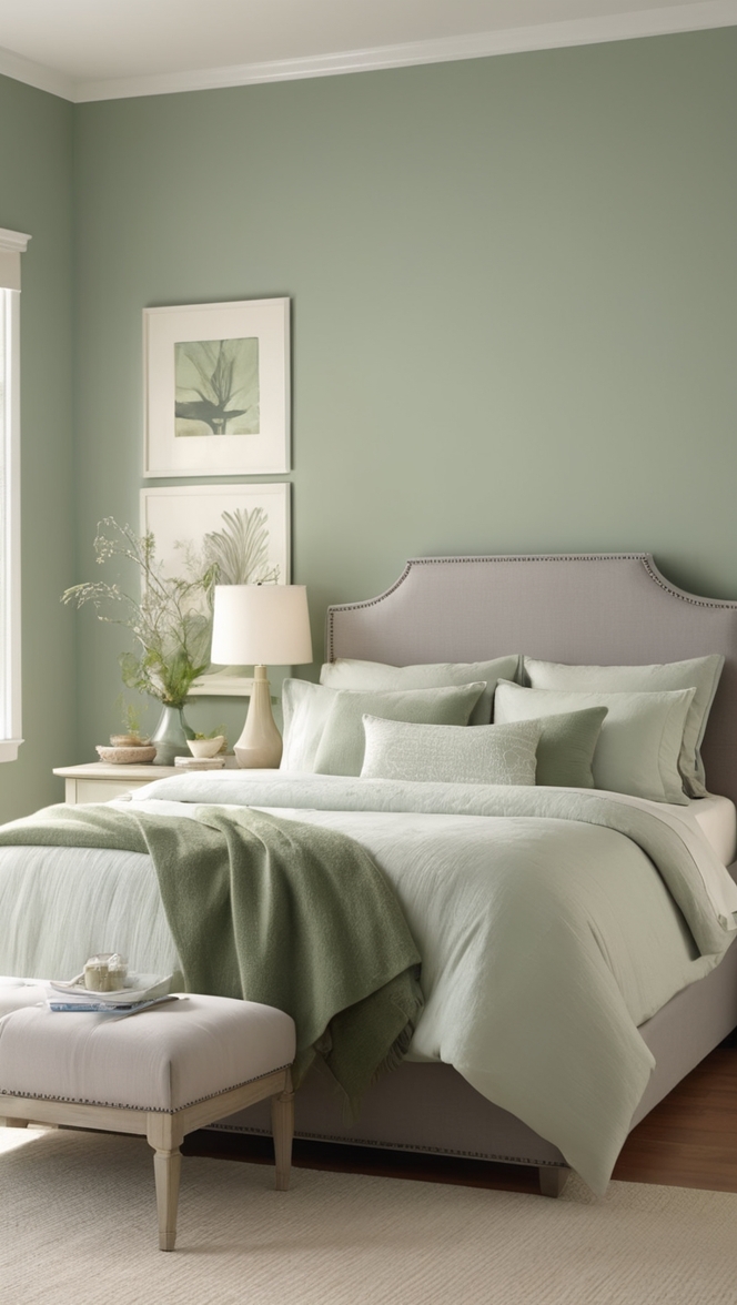 sage green bedroom decor, grey bedroom ideas, elegant bedroom design, modern bedroom inspiration, luxury interior design