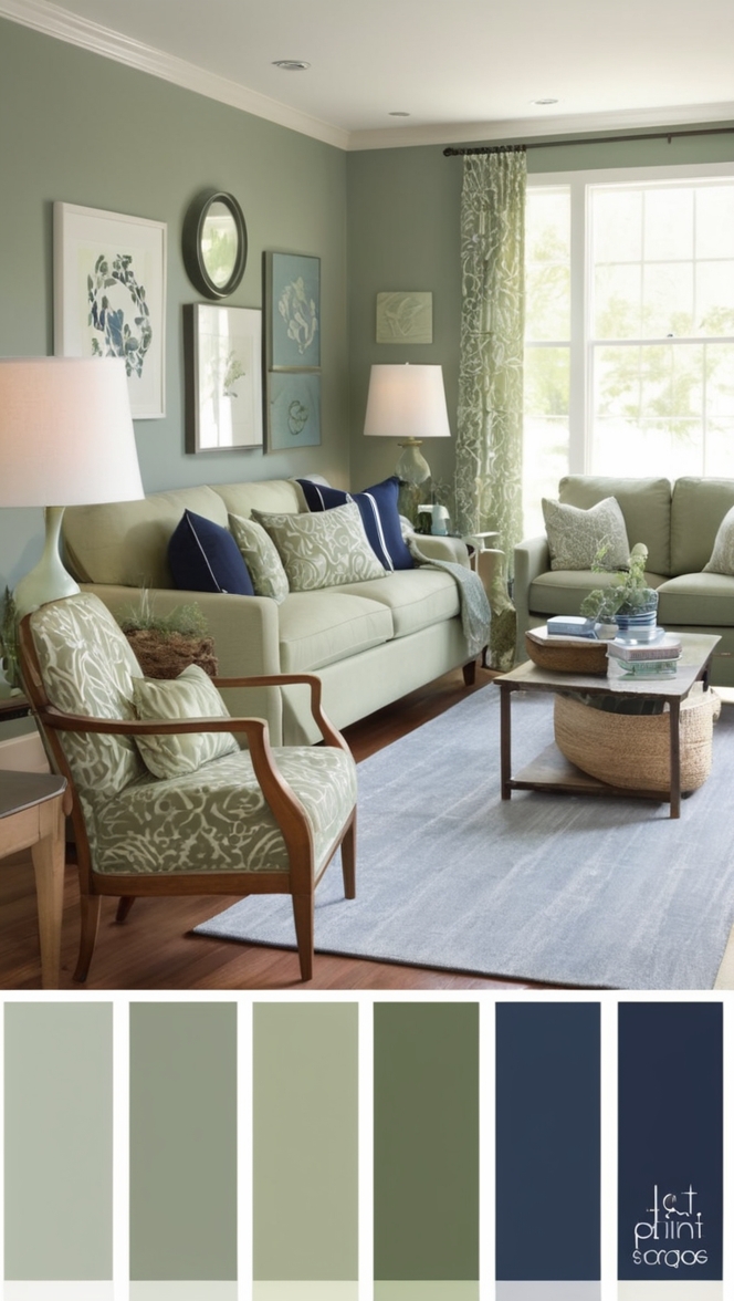 sage green sofa, navy blue curtains, interior designers, home decor, living room design