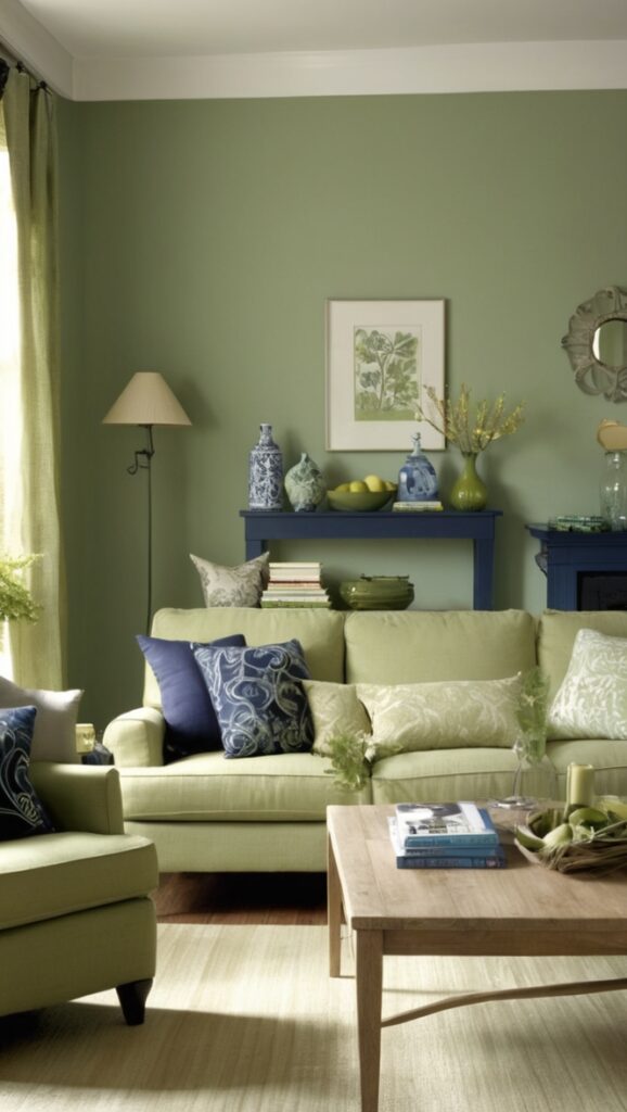 sage green sofa, navy blue curtains, interior designers, home decor, living room design