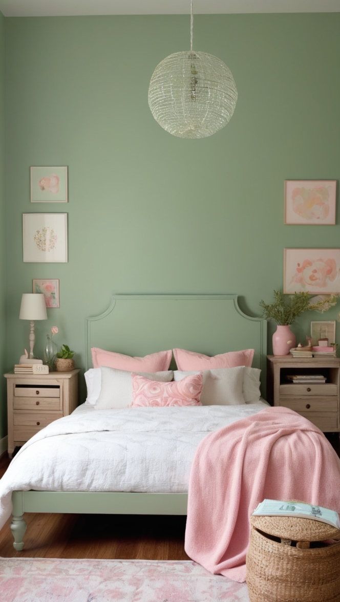 sage green paint, blush pink decor, emerald green bedding, pastel bedroom ideas, mint green accessories