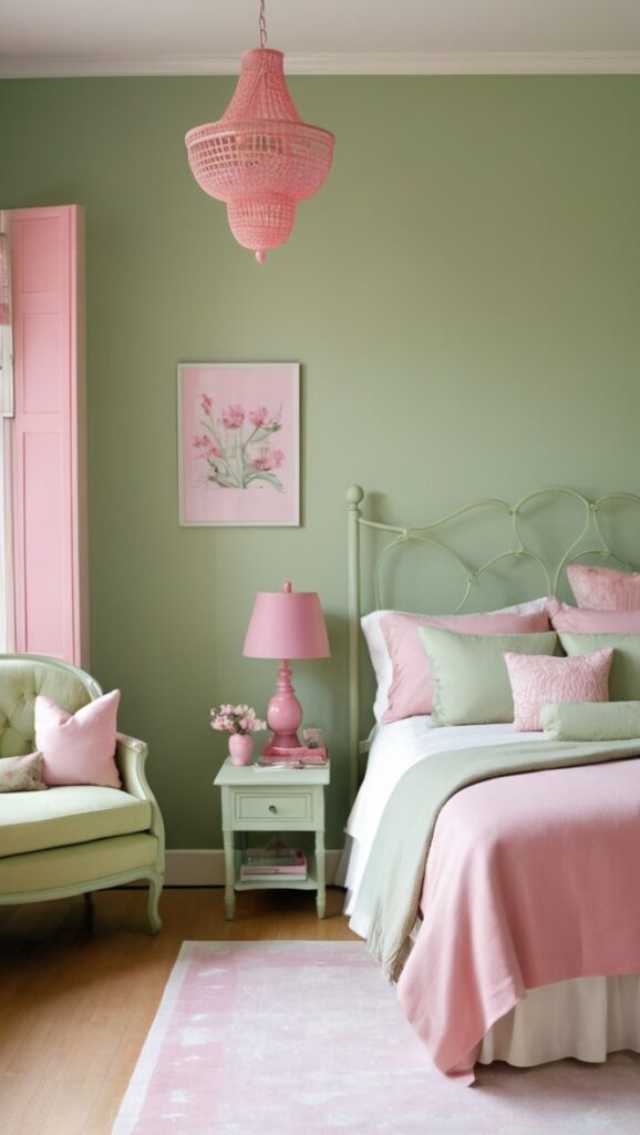 sage green paint, blush pink decor, emerald green bedding, pastel bedroom ideas, mint green accessories