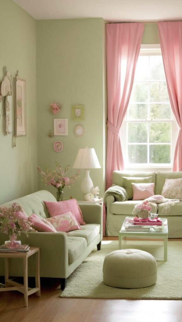 sage green sofa, pink velvet chairs, elegant living room decor, luxury home accessories, plush velvet furniture