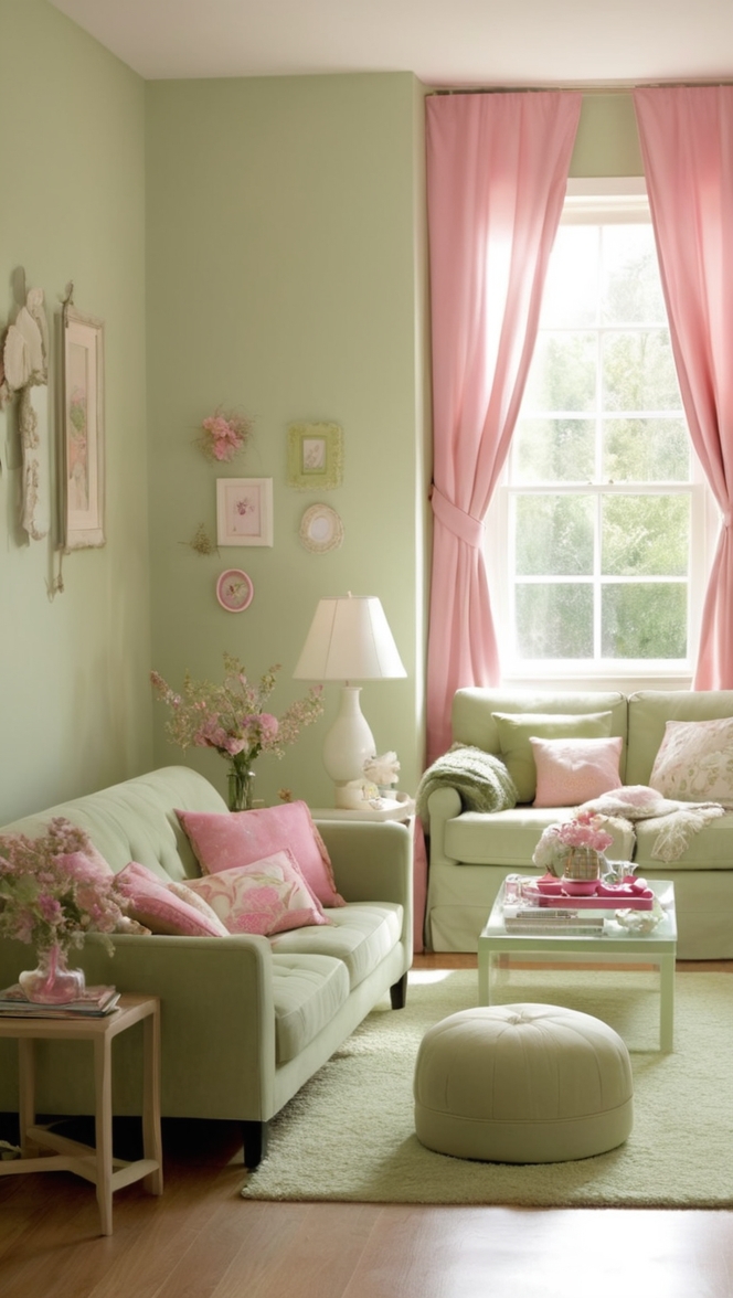 sage green sofa, pink velvet chairs, elegant living room decor, luxury home accessories, plush velvet furniture 