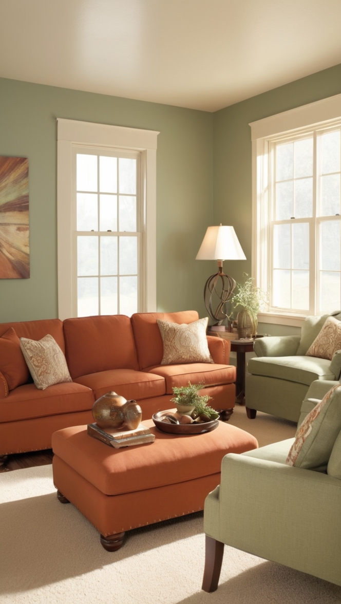 sage green sofa, rust accent wall, earth tone decor, decorative throw pillows, cozy living room
