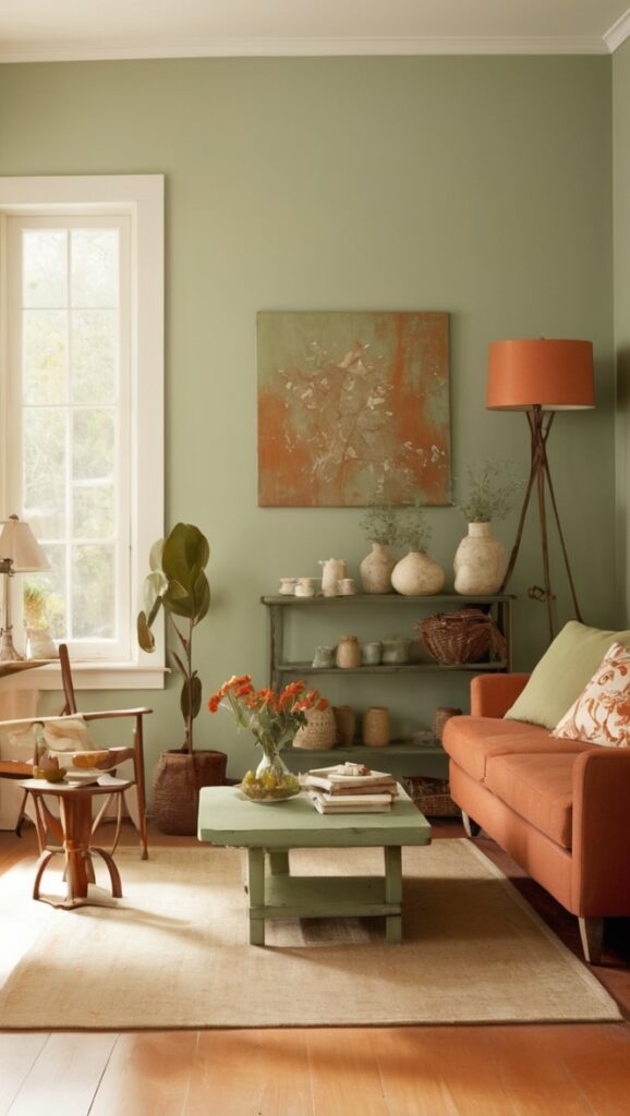 sage green sofa, rust accent wall, earth tone decor, decorative throw pillows, cozy living room