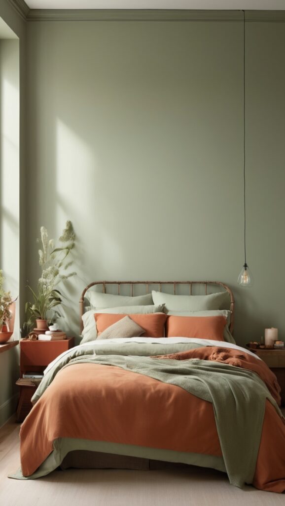 green bedroom decor, sage green paint, terracotta bedding, bedroom color scheme, earth tone bedroom