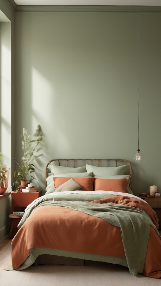 green bedroom decor, sage green paint, terracotta bedding, bedroom color scheme, earth tone bedroom 
