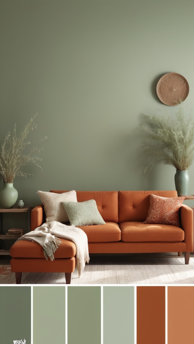 sage green sofa,  terracotta throw pillows,  boho chic decor,  earthy color palette,  indoor plant decor