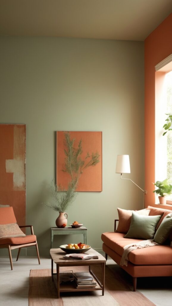 sage green sofa, terracotta throw pillows, boho chic decor, earthy color palette, indoor plant decor