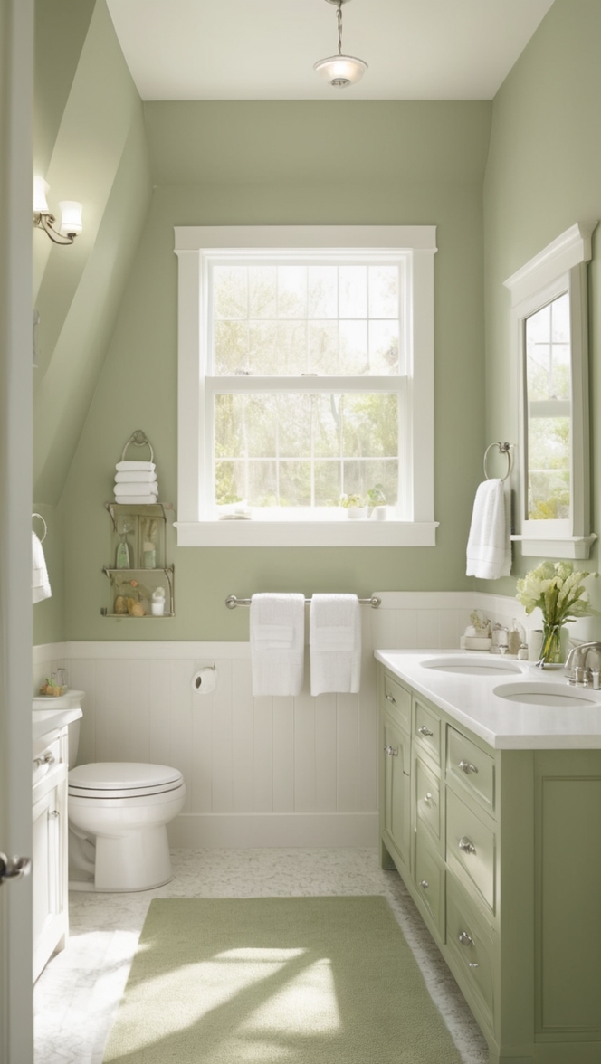 sage green bathroom decor, white bath accessories, sage green towels, white bathroom renovation, sage green shower curtain