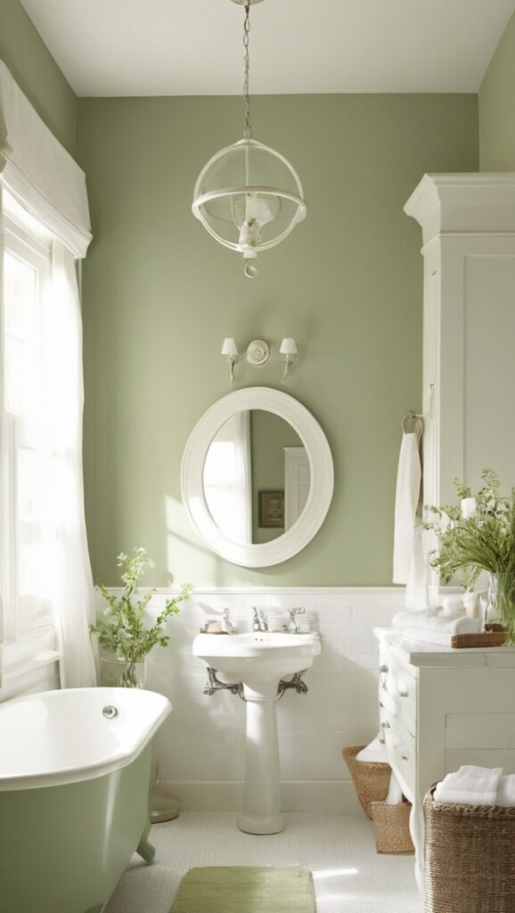 sage green bathroom decor, white bath accessories, sage green towels, white bathroom renovation, sage green shower curtain