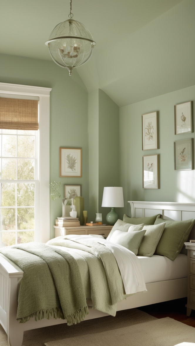 sage green bedding, white bedroom decor, sage green walls, sage green curtains, white bedding set