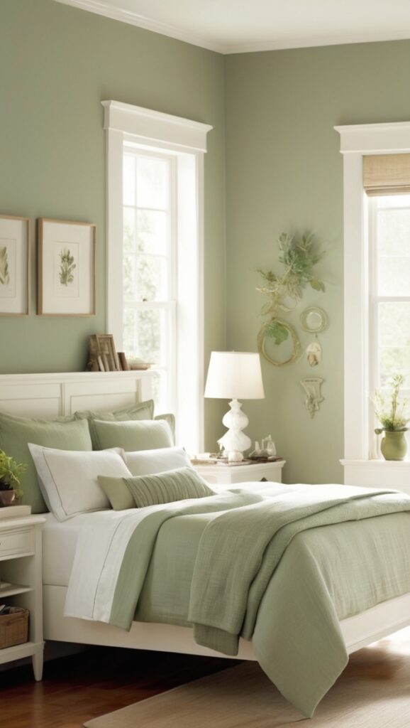 sage green bedding, white bedroom decor, sage green walls, sage green curtains, white bedding set