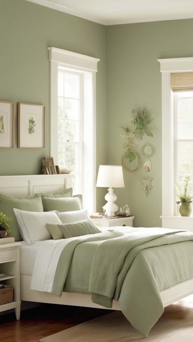 sage green bedding, white bedroom decor, sage green walls, sage green curtains, white bedding set 