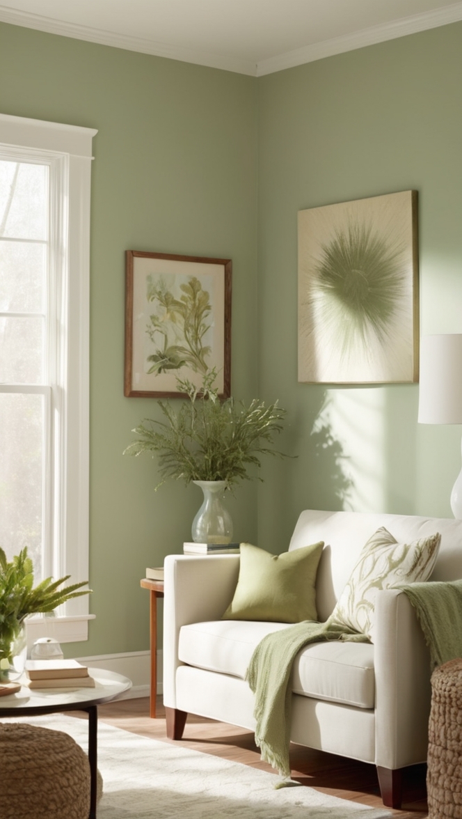 sage green curtains, white sofa, green wall paint, living room decor, white and green furniture