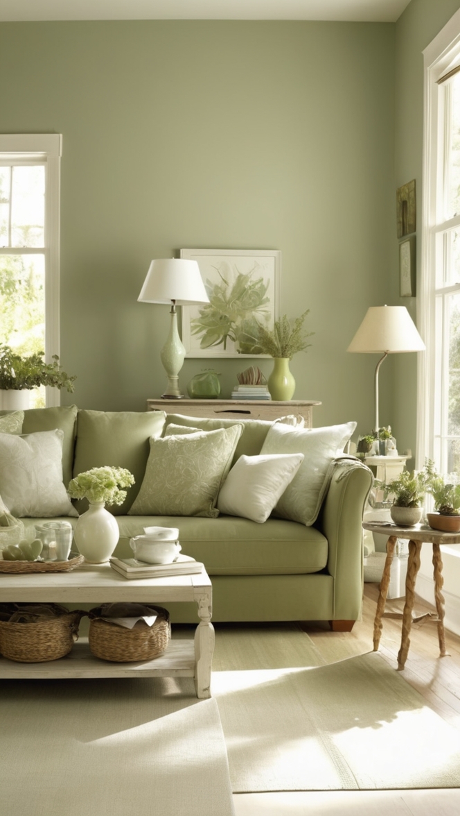 sage green curtains, white sofa, green wall paint, living room decor, white and green furniture 