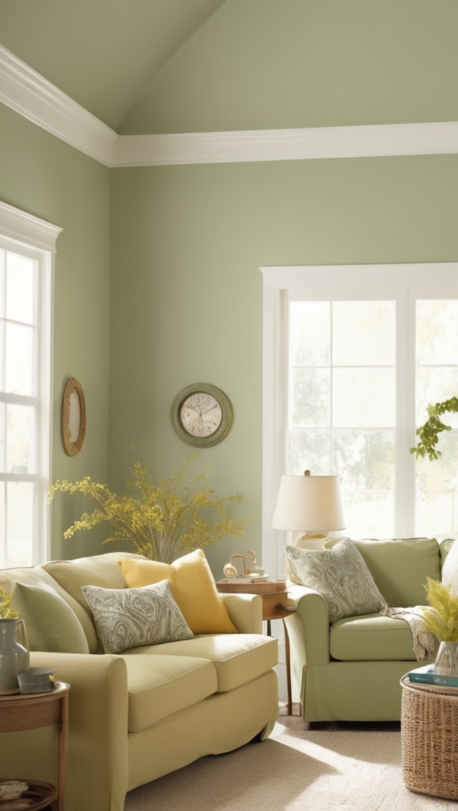 sage green decor, yellow and green color scheme, olive green living room, mustard yellow furniture, chartreuse accent wall