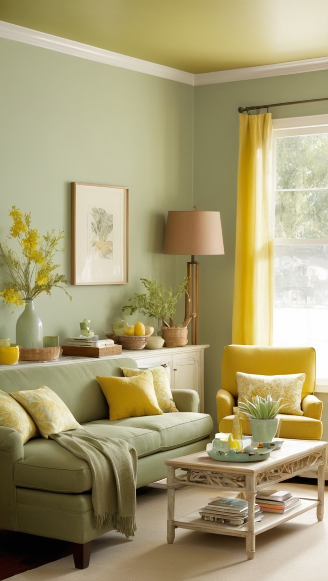 sage green decor, yellow and green color scheme, olive green living room, mustard yellow furniture, chartreuse accent wall 
