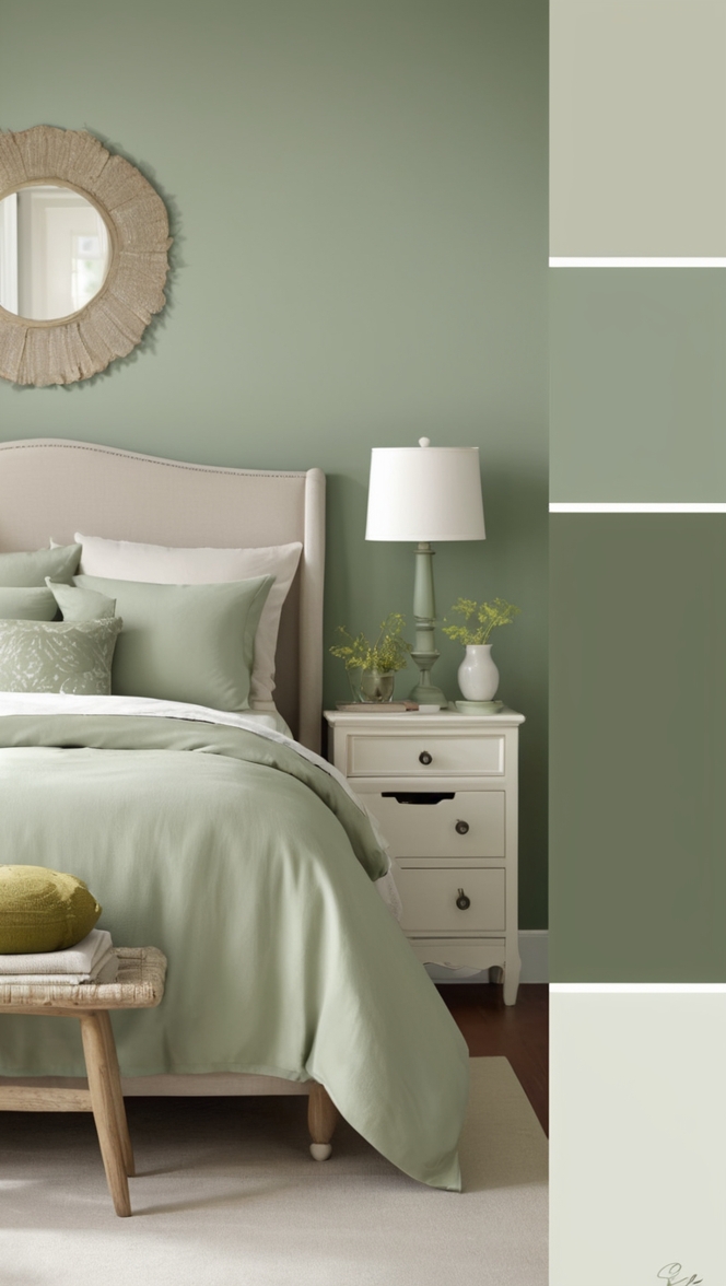 sage green bedding, calming sage paint, sage green decor, relaxing sage walls, serene sage bedroom