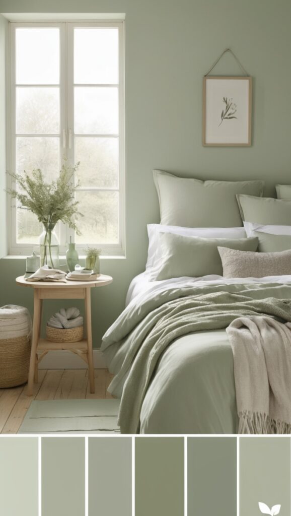 sage green bedding, calming sage paint, sage green decor, relaxing sage walls, serene sage bedroom