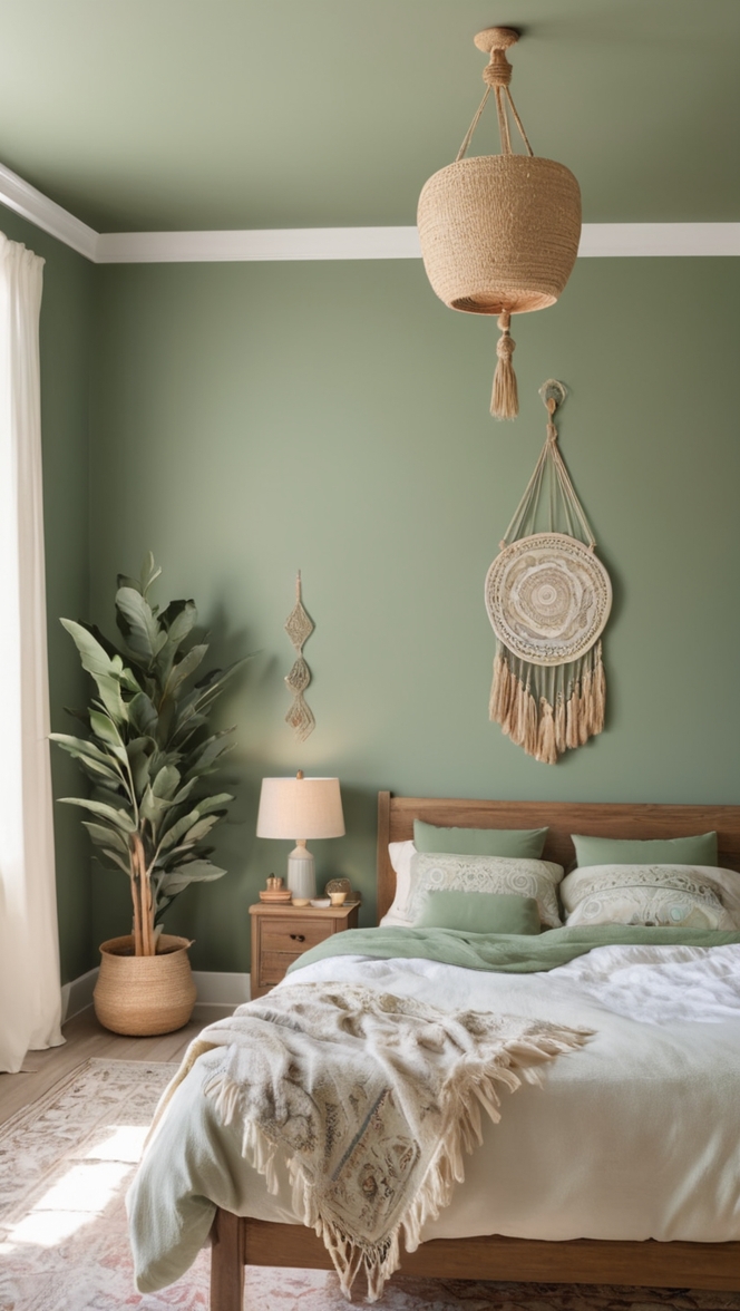 sage green bedroom decor, boho bedroom ideas, sage green bedding, boho bedroom furniture, sage green curtains