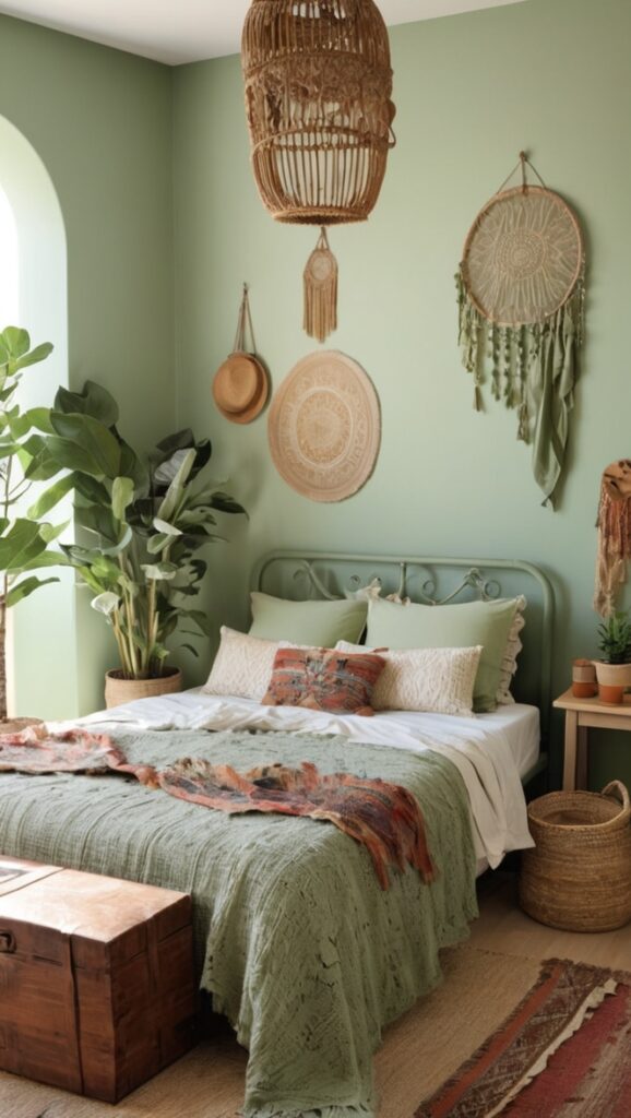 sage green bedroom decor, boho bedroom ideas, sage green bedding, boho bedroom furniture, sage green curtains