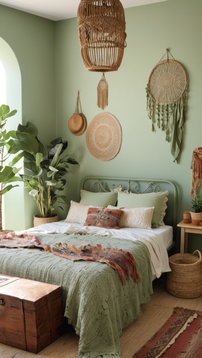 sage green bedroom decor, boho bedroom ideas, sage green bedding, boho bedroom furniture, sage green curtains