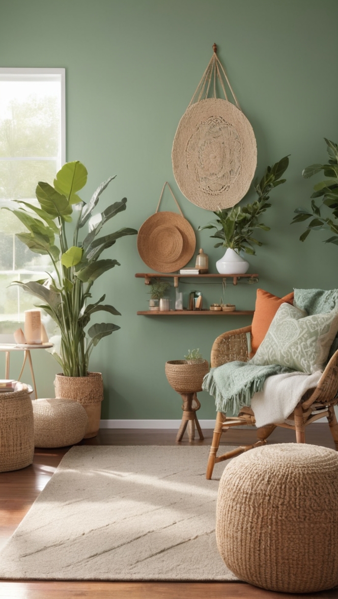 green living room decor, boho chic furniture, rustic farmhouse rug, modern bohemian sofa, vintage botanical prints