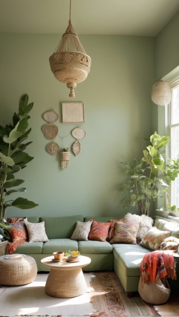 green living room decor, boho chic furniture, rustic farmhouse rug, modern bohemian sofa, vintage botanical prints