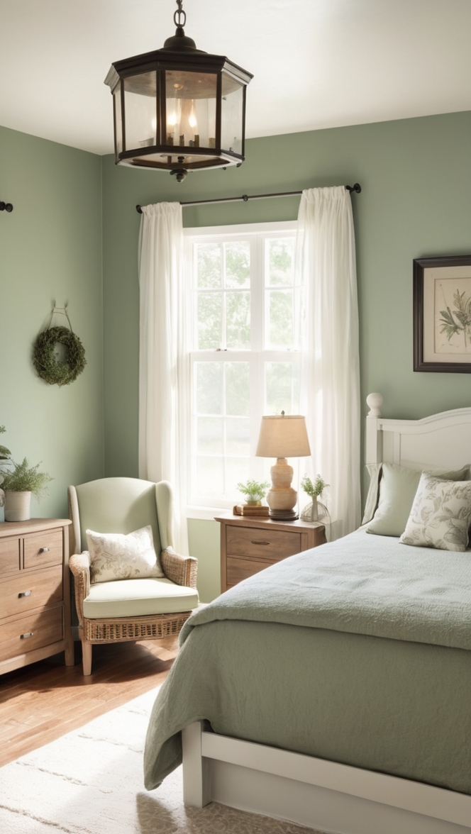 sage green bedroom decor, country chic bedroom ideas, rustic farmhouse bedroom, vintage farm decor, green home accents