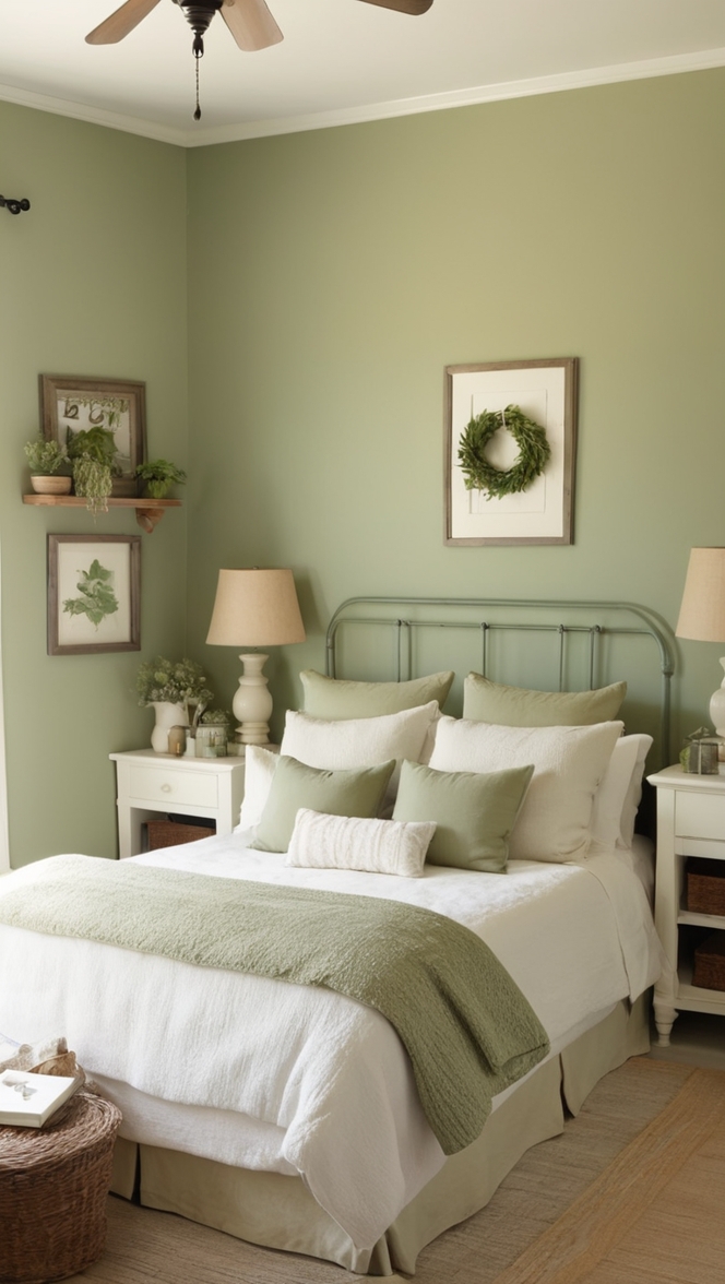 sage green bedroom decor, country chic bedroom ideas, rustic farmhouse bedroom, vintage farm decor, green home accents 