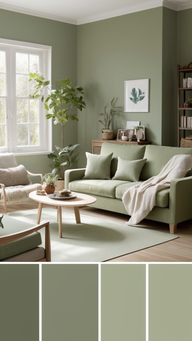 sage green decor, modern living room design, cozy home decor, elegant interior design, natural color aesthetic