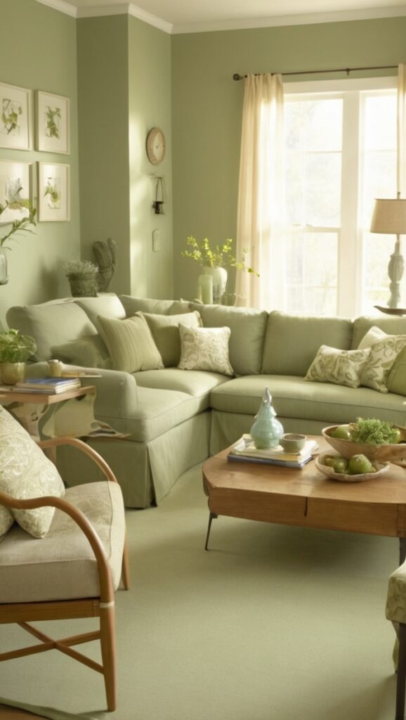 sage green sofa, sage green curtains, sage green walls, sage green furniture, sage green home decor