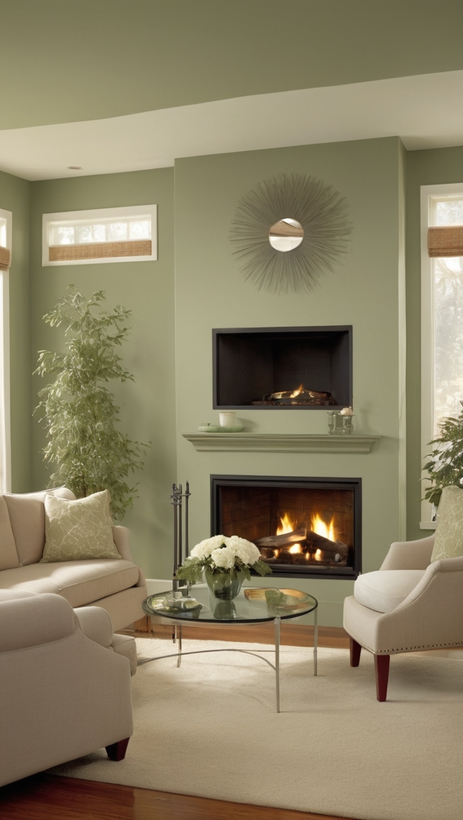 sage green interior design, cozy living room decor, modern fireplace designs, elegant home decor, luxury living room decor